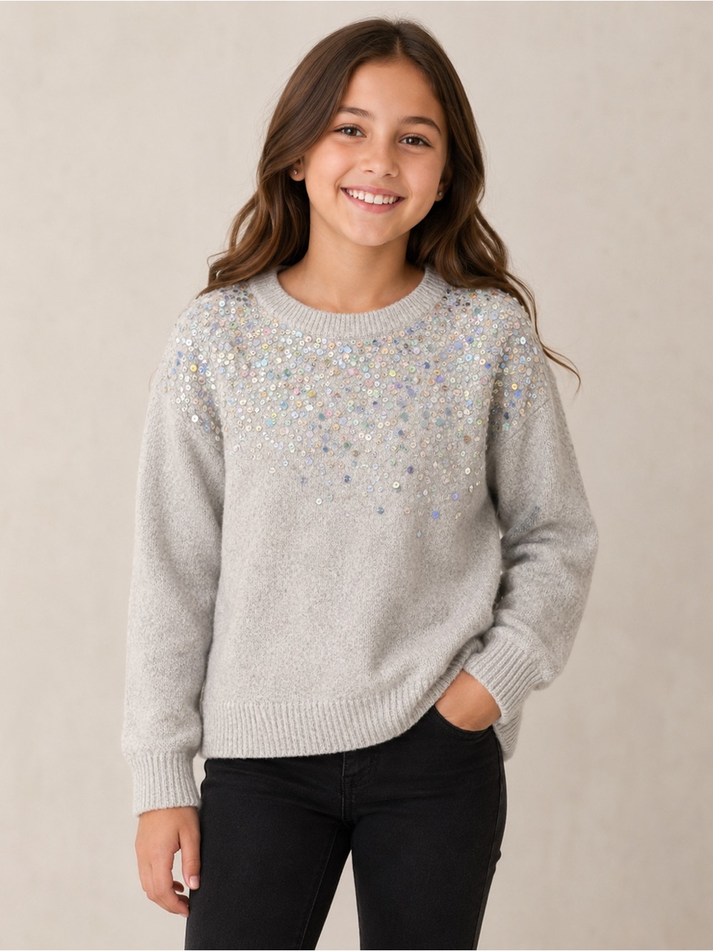 The Children’s Place Girls Sequin Sparkle Sweater Silver Gray Size 10/12